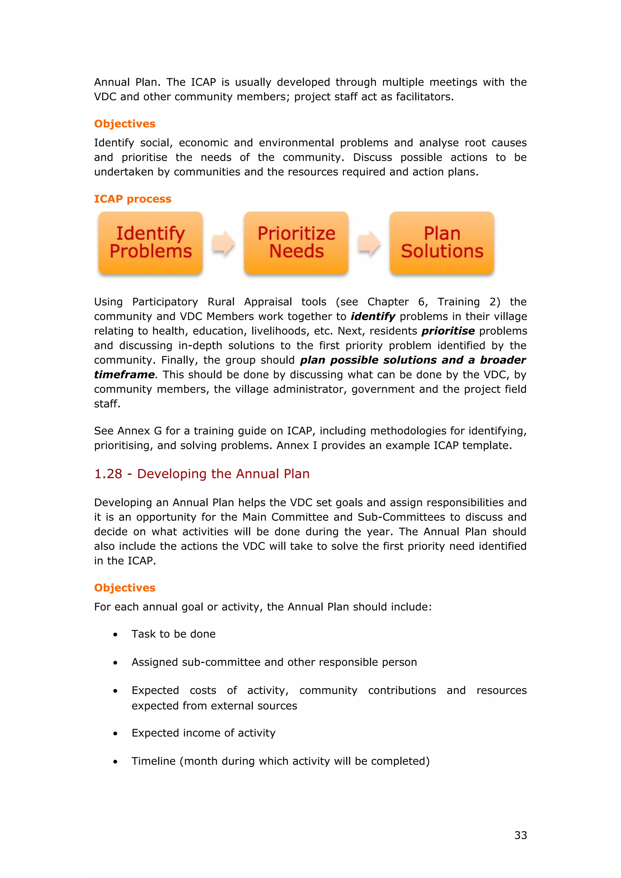 Annual Plan. The ICAP is usually developed through multiple meetings with the
VDC and other community members; project staff act as facilitators.
Objectives
Identify social, economic and environmental problems and analyse root causes
and prioritise the needs of the community. Discuss possible actions to be
undertaken by communities and the resources required and action plans.
ICAP process
Using Participatory Rural Appraisal tools (see Chapter 6, Training 2) the
community and VDC Members work together to identify problems in their village
relating to health, education, livelihoods, etc. Next, residents prioritise problems
and discussing in-depth solutions to the first priority problem identified by the
community. Finally, the group should plan possible solutions and a broader
timeframe. This should be done by discussing what can be done by the VDC, by
community members, the village administrator, government and the project field
staff.
See Annex G for a training guide on ICAP, including methodologies for identifying,
prioritising, and solving problems. Annex I provides an example ICAP template.
1.28 - Developing the Annual Plan
Developing an Annual Plan helps the VDC set goals and assign responsibilities and
it is an opportunity for the Main Committee and Sub-Committees to discuss and
decide on what activities will be done during the year. The Annual Plan should
also include the actions the VDC will take to solve the first priority need identified
in the ICAP.
Objectives
For each annual goal or activity, the Annual Plan should include:
• Task to be done
• Assigned sub-committee and other responsible person
• Expected costs of activity, community contributions and resources
expected from external sources
• Expected income of activity
• Timeline (month during which activity will be completed)
33
 