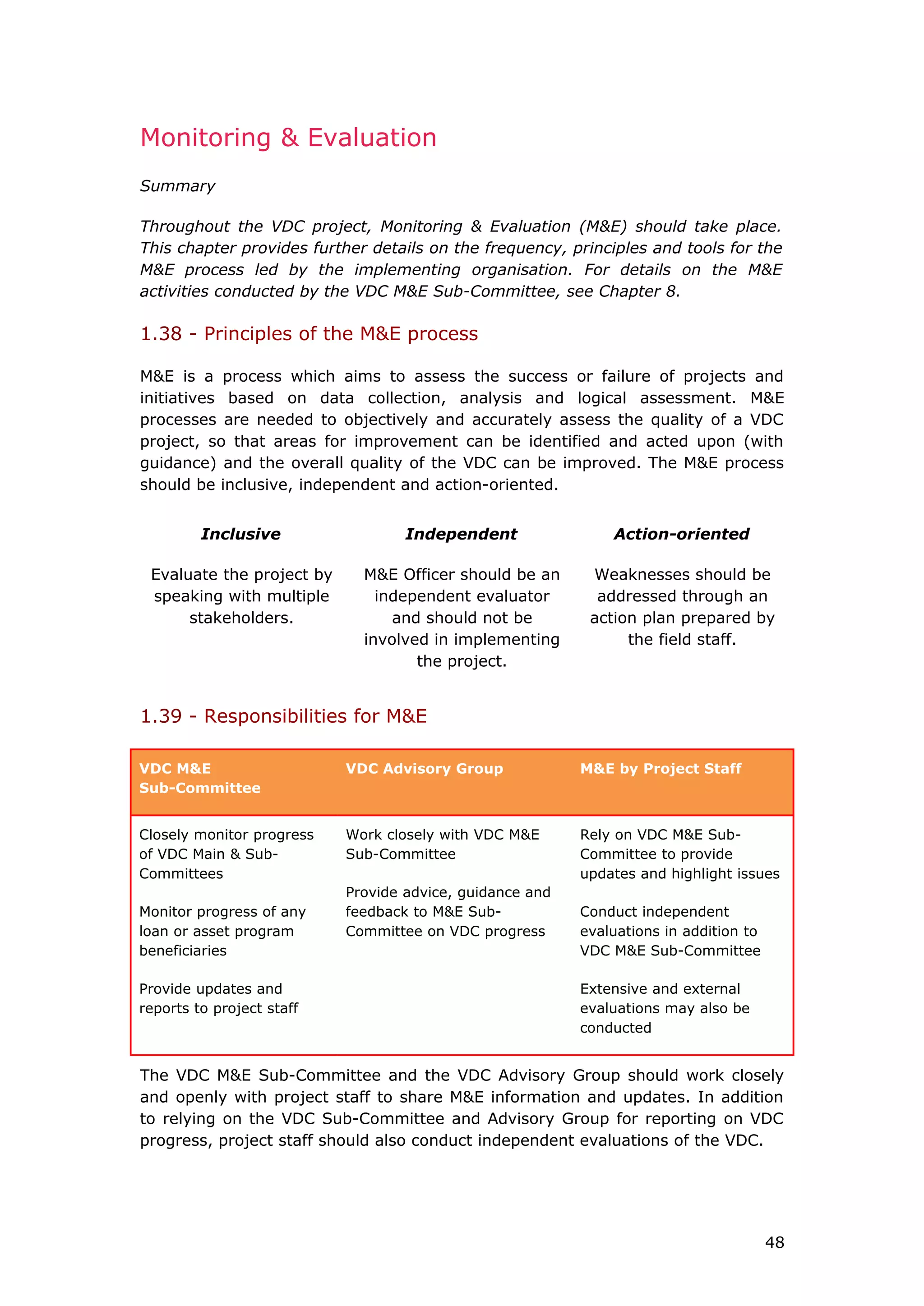 Monitoring & Evaluation
Summary
Throughout the VDC project, Monitoring & Evaluation (M&E) should take place.
This chapter provides further details on the frequency, principles and tools for the
M&E process led by the implementing organisation. For details on the M&E
activities conducted by the VDC M&E Sub-Committee, see Chapter 8.
1.38 - Principles of the M&E process
M&E is a process which aims to assess the success or failure of projects and
initiatives based on data collection, analysis and logical assessment. M&E
processes are needed to objectively and accurately assess the quality of a VDC
project, so that areas for improvement can be identified and acted upon (with
guidance) and the overall quality of the VDC can be improved. The M&E process
should be inclusive, independent and action-oriented.
Inclusive
Evaluate the project by
speaking with multiple
stakeholders.
Independent
M&E Officer should be an
independent evaluator
and should not be
involved in implementing
the project.
Action-oriented
Weaknesses should be
addressed through an
action plan prepared by
the field staff.
1.39 - Responsibilities for M&E
VDC M&E
Sub-Committee
VDC Advisory Group M&E by Project Staff
Closely monitor progress
of VDC Main & Sub-
Committees
Monitor progress of any
loan or asset program
beneficiaries
Provide updates and
reports to project staff
Work closely with VDC M&E
Sub-Committee
Provide advice, guidance and
feedback to M&E Sub-
Committee on VDC progress
Rely on VDC M&E Sub-
Committee to provide
updates and highlight issues
Conduct independent
evaluations in addition to
VDC M&E Sub-Committee
Extensive and external
evaluations may also be
conducted
The VDC M&E Sub-Committee and the VDC Advisory Group should work closely
and openly with project staff to share M&E information and updates. In addition
to relying on the VDC Sub-Committee and Advisory Group for reporting on VDC
progress, project staff should also conduct independent evaluations of the VDC.
48
 