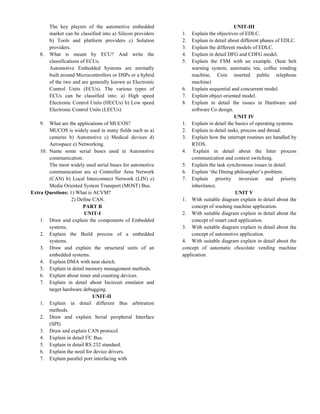The key players of the automotive embedded
market can be classified into a) Silicon providers
b) Tools and platform providers c) Solution
providers.
8. What is meant by ECU? And write the
classifications of ECUs.
Automotive Embedded Systems are normally
built around Microcontrollers or DSPs or a hybrid
of the two and are generally known as Electronic
Control Units (ECUs). The various types of
ECUs can be classified into: a) High speed
Electronic Control Units (HECUs) b) Low speed
Electronic Control Units (LECUs)
9. What are the applications of MUCOS?
MUCOS is widely used in many fields such as a)
cameras b) Automotive c) Medical devices d)
Aerospace e) Networking.
10. Name some serial buses used in Automotive
communication.
The most widely used serial buses for automotive
communication are a) Controller Area Network
(CAN) b) Local Interconnect Network (LIN) c)
Media Oriented System Transport (MOST) Bus.
Extra Questions: 1) What is ACVM?
2) Define CAN.
PART B
UNIT-I
1. Draw and explain the components of Embedded
systems.
2. Explain the Build process of a embedded
systems.
3. Draw and explain the structural units of an
embedded systems.
4. Explain DMA with neat sketch.
5. Explain in detail memory management methods.
6. Explain about timer and counting devices.
7. Explain in detail about Incircuit emulator and
target hardware debugging.
UNIT-II
1. Explain in detail different Bus arbitration
methods.
2. Draw and explain Serial peripheral Interface
(SPI)
3. Draw and explain CAN protocol.
4. Explain in detail I2
C Bus.
5. Explain in detail RS 232 standard.
6. Explain the need for device drivers.
7. Explain parallel port interfacing with
UNIT-III
1. Explain the objectives of EDLC.
2. Explain in detail about different phases of EDLC.
3. Explain the different models of EDLC.
4. Explain in detail DFG and CDFG model.
5. Explain the FSM with an example. (Seat belt
warning system, automatic tea, coffee vending
machine, Coin inserted public telephone
machine)
6. Explain sequential and concurrent model.
7. Explain object oriented model.
8. Explain in detail the issues in Hardware and
software Co design.
UNIT IV
1. Explain in detail the basics of operating systems.
2. Explain in detail tasks, process and thread.
3. Explain how the interrupt routines are handled by
RTOS.
4. Explain in detail about the Inter process
communication and context switching.
5. Explain the task synchronous issues in detail.
6. Explain ‘the Dining philosopher’s problem.
7. Explain priority inversion and priority
inheritance.
UNIT V
1. With suitable diagram explain in detail about the
concept of washing machine application.
2. With suitable diagram explain in detail about the
concept of smart card application.
3. With suitable diagram explain in detail about the
concept of automotive application.
4. With suitable diagram explain in detail about the
concept of automatic chocolate vending machine
application.
 