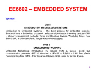 EE6602 – EMBEDDED SYSTEM
Syllabus:
UNIT I
INTRODUCTION TO EMBEDDED SYSTEMS
Introduction to Embedded Systems – The build process for embedded systems-
Structural units in Embedded processor , selection of processor & memory devices- DMA
– Memory management methods- Timer and Counting devices, Watchdog Timer, Real
Time Clock, In circuit emulator, Target Hardware Debugging.
UNIT II
EMBEDDED NETWORKING
Embedded Networking: Introduction, I/O Device Ports & Buses– Serial Bus
communication protocols -RS232 standard – RS422 – RS485 - CAN Bus -Serial
Peripheral Interface (SPI) – Inter Integrated Circuits (I2C) –need for device drivers.
2
 