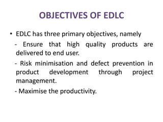 OBJECTIVES OF EDLC
• EDLC has three primary objectives, namely
- Ensure that high quality products are
delivered to end user.
- Risk minimisation and defect prevention in
product development through project
management.
- Maximise the productivity.
 