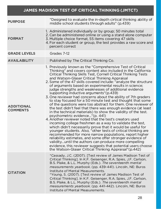 james madison test of critical thinking James madison university cornell critical thinking test the npec sourcebook on assessment, volume 1. james madison test of critical thinking James madison university cornell critical thinking test the npec sourcebook on assessment, volume 1.