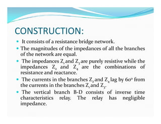 CONSTRUCTION:
 It consists of a resistance bridge network.
 The magnitudes of the impedances of all the branches
of the network are equal.
 The impedances Z1 and Z3 are purely resistive while the
impedances Z2 and Z4 are the combinations of
resistance and reactance.
 The currents in the branches Z2 and Z4 lag by 60o from
the currents in the branches Z1 and Z3.
 The vertical branch B-D consists of inverse time
characteristics relay. The relay has negligible
impedance.
 It consists of a resistance bridge network.
 The magnitudes of the impedances of all the branches
of the network are equal.
 The impedances Z1 and Z3 are purely resistive while the
impedances Z2 and Z4 are the combinations of
resistance and reactance.
 The currents in the branches Z2 and Z4 lag by 60o from
the currents in the branches Z1 and Z3.
 The vertical branch B-D consists of inverse time
characteristics relay. The relay has negligible
impedance.
 