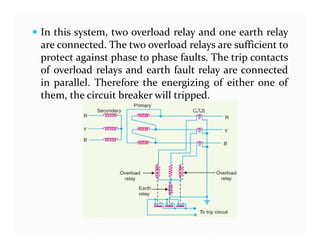  In this system, two overload relay and one earth relay
are connected. The two overload relays are sufficient to
protect against phase to phase faults. The trip contacts
of overload relays and earth fault relay are connected
in parallel. Therefore the energizing of either one of
them, the circuit breaker will tripped.
 