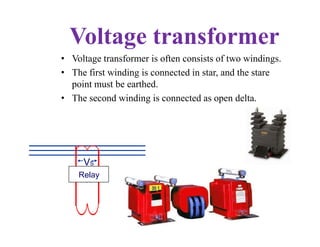 Voltage transformer
• Voltage transformer is often consists of two windings.
• The first winding is connected in star, and the stare
point must be earthed.
• The second winding is connected as open delta.
• Voltage transformer is often consists of two windings.
• The first winding is connected in star, and the stare
point must be earthed.
• The second winding is connected as open delta.
VVPP
VVSS
Relay
 