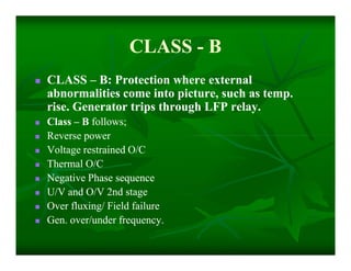 CLASSCLASS -- BB
 CLASSCLASS –– B: Protection where externalB: Protection where external
abnormalities come into picture, such as temp.abnormalities come into picture, such as temp.
rise. Generator trips through LFP relay.rise. Generator trips through LFP relay.
 ClassClass –– BB follows;follows;
 Reverse powerReverse power
 Voltage restrained O/CVoltage restrained O/C
 Thermal O/CThermal O/C
 Negative Phase sequenceNegative Phase sequence
 U/V and O/V 2nd stageU/V and O/V 2nd stage
 Over fluxing/ Field failureOver fluxing/ Field failure
 Gen. over/under frequency.Gen. over/under frequency.
 CLASSCLASS –– B: Protection where externalB: Protection where external
abnormalities come into picture, such as temp.abnormalities come into picture, such as temp.
rise. Generator trips through LFP relay.rise. Generator trips through LFP relay.
 ClassClass –– BB follows;follows;
 Reverse powerReverse power
 Voltage restrained O/CVoltage restrained O/C
 Thermal O/CThermal O/C
 Negative Phase sequenceNegative Phase sequence
 U/V and O/V 2nd stageU/V and O/V 2nd stage
 Over fluxing/ Field failureOver fluxing/ Field failure
 Gen. over/under frequency.Gen. over/under frequency.
 