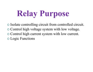 Relay Purpose
 Isolate controlling circuit from controlled circuit.
 Control high voltage system with low voltage.
 Control high current system with low current.
 Logic Functions
 Isolate controlling circuit from controlled circuit.
 Control high voltage system with low voltage.
 Control high current system with low current.
 Logic Functions
 