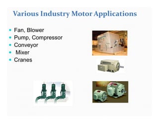  Fan, Blower
 Pump, Compressor
 Conveyor
 Mixer
 Cranes
Various Industry Motor Applications
 Fan, Blower
 Pump, Compressor
 Conveyor
 Mixer
 Cranes
 