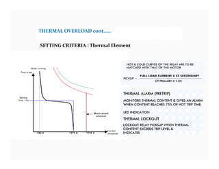 THERMAL OVERLOAD cont……
SETTING CRITERIA : Thermal Element
Motor running
Time in sec
Current
(Amperes)1370 A293 A
Starting
time :10s
1720 A
Short- circuit
elem ent
Motor running
Time in sec
Current
(Amperes)1370 A293 A
Starting
time :10s
1720 A
Short- circuit
elem ent
 