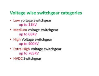 Voltage wise switchgear categories
• Low voltage Switchgear
up to 11KV
• Medium voltage switchgear
up to 66KV
• High Voltage switchgear
up to 400KV
• Extra High Voltage switchgear
up to 765KV
• HVDC Switchgear
• Low voltage Switchgear
up to 11KV
• Medium voltage switchgear
up to 66KV
• High Voltage switchgear
up to 400KV
• Extra High Voltage switchgear
up to 765KV
• HVDC Switchgear
 