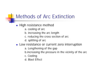Methods of Arc Extinction
 High resistance method
a. cooling of arc
b. increasing the arc length
c. reducing the cross section of arc
d. splitting of arc
 Low resistance or current zero interruption
a. Lengthening of the gap
b.increasing the pressure in the vicinity of the arc
c. Cooling
d. Blast Effect
 High resistance method
a. cooling of arc
b. increasing the arc length
c. reducing the cross section of arc
d. splitting of arc
 Low resistance or current zero interruption
a. Lengthening of the gap
b.increasing the pressure in the vicinity of the arc
c. Cooling
d. Blast Effect
 