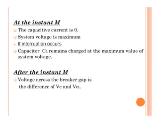 At the instant M
 The capacitive current is 0.
 System voltage is maximum
 If interruption occurs
 Capacitor CL remains charged at the maximum value of
system voltage.
After the instant M
 Voltage across the breaker gap is
the difference of Vc and VcL.
At the instant M
 The capacitive current is 0.
 System voltage is maximum
 If interruption occurs
 Capacitor CL remains charged at the maximum value of
system voltage.
After the instant M
 Voltage across the breaker gap is
the difference of Vc and VcL.
 