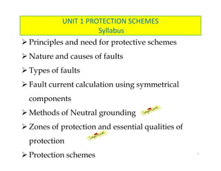 UNIT 1 PROTECTION SCHEMES
Syllabus
 Principles and need for protective schemes
 Nature and causes of faults
 Types of faults
 Fault current calculation using symmetrical
components
 Methods of Neutral grounding
 Zones of protection and essential qualities of
protection
 Protection schemes
 Principles and need for protective schemes
 Nature and causes of faults
 Types of faults
 Fault current calculation using symmetrical
components
 Methods of Neutral grounding
 Zones of protection and essential qualities of
protection
 Protection schemes 7
 