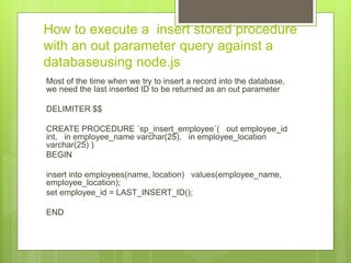 How to execute a insert stored procedure
with an out parameter query against a
databaseusing node.js
Most of the time when...