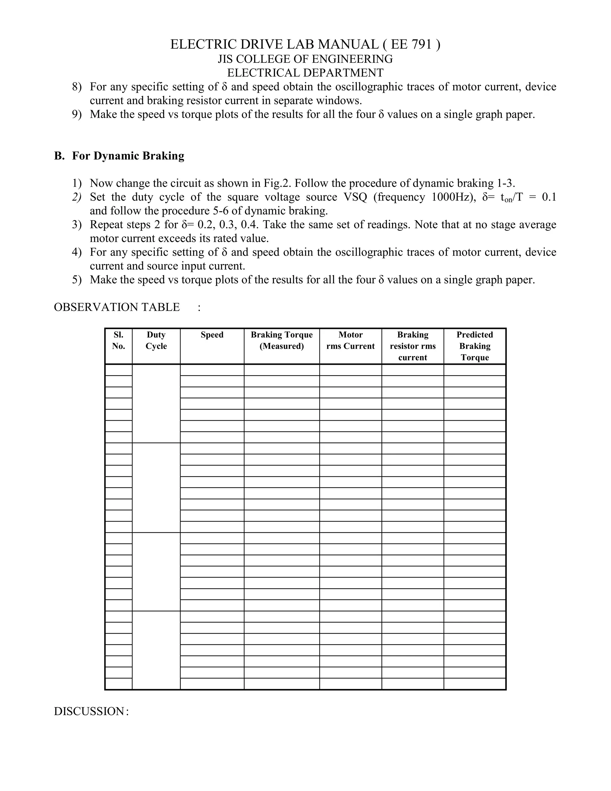 ELECTRIC DRIVE LAB MANUAL ( EE 791 )
JIS COLLEGE OF ENGINEERING
ELECTRICAL DEPARTMENT
8) For any specific setting of δ and speed obtain the oscillographic traces of motor current, device
current and braking resistor current in separate windows.
9) Make the speed vs torque plots of the results for all the four δ values on a single graph paper.
B. For Dynamic Braking
1) Now change the circuit as shown in Fig.2. Follow the procedure of dynamic braking 1-3.
2) Set the duty cycle of the square voltage source VSQ (frequency 1000Hz), δ= ton/T = 0.1
and follow the procedure 5-6 of dynamic braking.
3) Repeat steps 2 for δ= 0.2, 0.3, 0.4. Take the same set of readings. Note that at no stage average
motor current exceeds its rated value.
4) For any specific setting of δ and speed obtain the oscillographic traces of motor current, device
current and source input current.
5) Make the speed vs torque plots of the results for all the four δ values on a single graph paper.
OBSERVATION TABLE :
Sl.
No.
Duty
Cycle
Speed Braking Torque
(Measured)
Motor
rms Current
Braking
resistor rms
current
Predicted
Braking
Torque
DISCUSSION:
 
