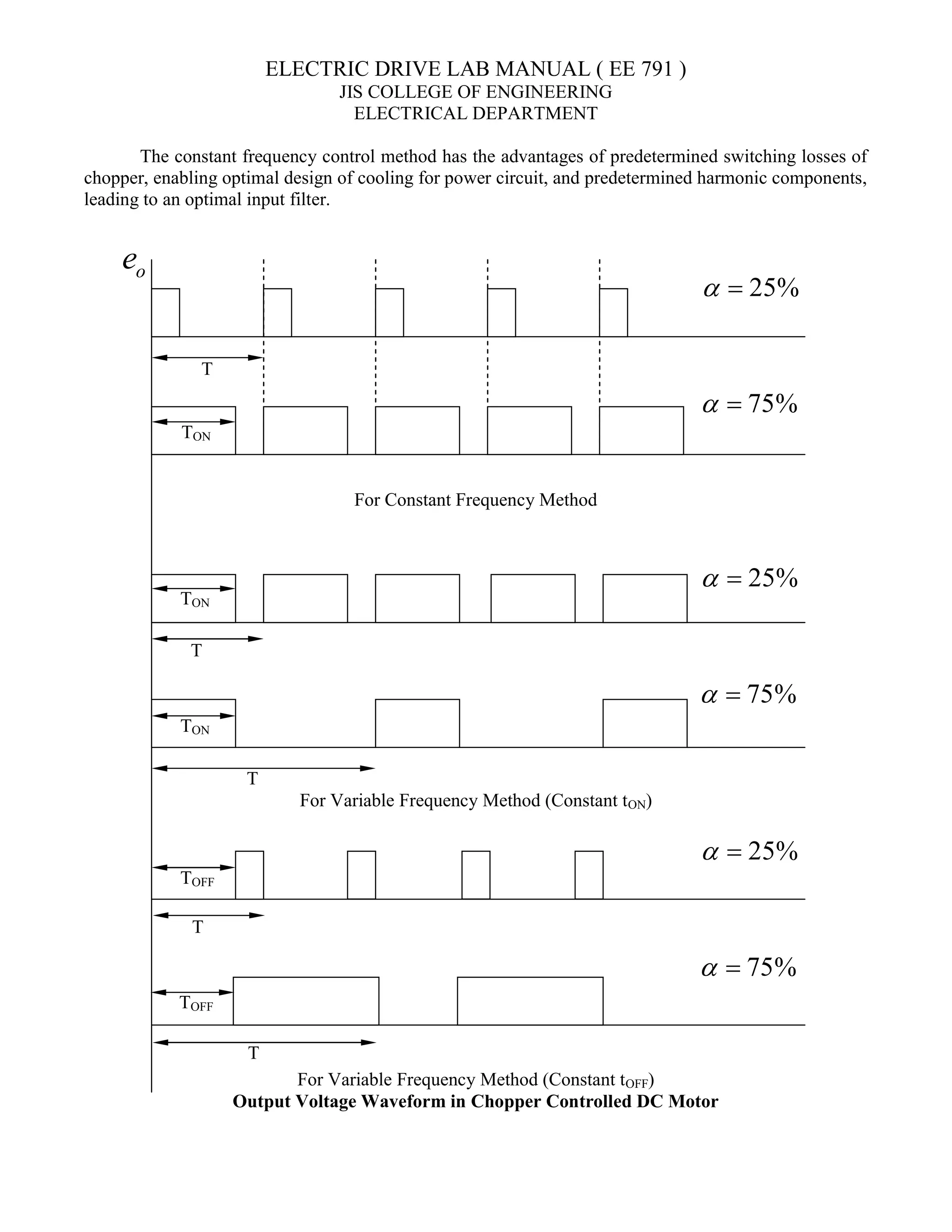 ELECTRIC DRIVE LAB MANUAL ( EE 791 )
JIS COLLEGE OF ENGINEERING
ELECTRICAL DEPARTMENT
The constant frequency control method has the advantages of predetermined switching losses of
chopper, enabling optimal design of cooling for power circuit, and predetermined harmonic components,
leading to an optimal input filter.
For Constant Frequency Method
For Variable Frequency Method (Constant tON)
For Variable Frequency Method (Constant tOFF)
Output Voltage Waveform in Chopper Controlled DC Motor
T
25%
 
75%
 
o
e
T
T
TON
TON
TON
25%
 
75%
 
T
TOFF
TOFF
T
25%
 
75%
 
 
