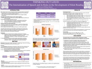 THINKING OUT LOUD:
The Internalization of Speech and its Roles in the Development of Silent Reading
Lola Less & William Horton
Northwestern University, Evanston, IL
Many children read “out loud” to themselves before acquiring the ability to read silently.
 Are reading aloud and reading silently two sides of the same coin, or are they two
different points on a spectrum of reading acquisition?
 Does reading aloud provide benefits for children in the early stages of reading
development?
The speech internalization theory of silent reading suggests…
 Reading begins as a purely oral process, creating a bridge between the written word
and oral language
 Oral reading is gradually internalized over time:
 First, as private speech (overt speech not addressed to anyone else)
 Then, as subvocalizations (movement in the speech musculature)
 And finally, in the form of completely silent reading
Previous research has demonstrated that…
 Children and adults produce more private speech in cognitively challenging tasks
 Discouraging speech can be detrimental to performance on some cognitive tasks
(e.g. the Wisconsin Card Sorting Task)
 Encouraging private speech increases performance on difficult cognitive tasks
The present study examines how encouraging or suppressing oral movement (and,
therefore, speech) during reading will impact children’s reading comprehension and
fluency, and whether these effects are mediated by children’s tendency to
spontaneously read aloud or read silently to themselves.
Hypotheses:
1. Suppressing oral movement should hurt reading comprehension and fluency.
Especially for children who spontaneously read aloud (i.e. children in earlier
stages of silent reading internalization) compared to those who
spontaneously read silently (i.e. children in later stages of silent reading
internalization).
2. Encouraging oral movement should help reading comprehension and fluency.
Especially for children in earlier stages of silent reading internalization,
compared to children in later stages of silent reading internalization.
Participants: Twenty-eight 5- through 7-year-olds (N = 11 female, Mage = 79 mo., SD = 10.9 mos.)
from the Chicago Metropolitan area and surrounding suburbs.
Procedure:
1) First, spontaneous reading behavior was observed. Children read a story (matched to their
reading level) without any instructions as to how they should read it (i.e. aloud or silently).
2) Then, based on spontaneous reading, children were sorted into two groups:
Aloud (any vocalization) or Silent (no vocalizations).
3) Then, children participated in two counterbalanced conditions:
Suppression condition (read while wearing wax lips intended to prevent vocalizations)
Encouragement condition (explicitly told read the stories aloud).
Comprehension Scores
 A main effect of Group: Silent readers answered comprehension questions with greater
accuracy than aloud readers, F(1,20) = 4.75, MSE = 0.06, p = 0.04
 A main effect on Condition, F(2,40) = 4.26, MSE = 0.02, p = 0.02
 Mean comprehension scores in the suppression condition were significantly lower
than the spontaneous condition, t(21) = 2.92, p = 0.008
 Mean comprehension scores in the suppression condition were marginally lower
than the encouragement condition, t(21) = -2.04, p = 0.054
 The encouragement and spontaneous conditions did not significantly differ, t(27) =
1.22, p = 0.233.
 Non-significant group X condition interaction, F(2,40) = 0.921, MSE = 0.02, p = 0.41
 Post-hoc comparisons across conditions were computed for the Aloud cohort:
 Comprehension was significantly worse in the suppression condition than the
spontaneous condition, t(12) = 2.73, p = 0.02
 Comprehension was marginally worse in the suppression condition than the
encouragement condition, t(12) = -1.87, p = 0.08
 Comprehension did not significantly differ between the spontaneous and
encouragement conditions, t(16) = 1.44, p = 0.17
 Post-hoc comparisons for the silent cohort did not show any significant differences across
conditions, with all t-tests yielding p > 0.26.
* These results remain even after controlling for age and reading level (i.e. running the same
analyses as ANCOVAs with mean-centered age and reading level as covariates)
Fluency Scores
 No main effect of group, F(1, 20) = 0.03, MSE = 3941.71 p = 0.88
 No main effect of condition, F(2, 40) = 1.03, MSE = 646.31, p = 0.37
 No group X condition interaction, F(2, 40) = 1.87, MSE = 646.31, p = 0.17
INTRODUCTION
The present study set out to provide a better understanding of reading
development through the suppression and encouragement of oral movement.
 Suppressing oral movement did negatively impact reading comprehension
(specifically, as compared to spontaneous reading comprehension).
 However, encouraging oral movement did not yield the predicted effects. In fact,
reading aloud actually yielded slightly lower scores than reading spontaneously
 Suppressing speech also appeared to have a greater negative effect on children who
spontaneously read aloud. However, the absence of a statistically significant interaction
suggests this should be treated with caution.
 Finally, silent readers were found to have significantly better overall comprehension
across conditions than did children who read aloud.
 No effects were found with regard to fluency, but this may not have been a sensitive
measure of fluent reading.
While encouraging reading out loud may not have a positive effect on comprehension,
subarticulations may play an important role in the reading comprehension process.
Reading comprehension suffered when readers were stifled, especially for less advanced
readers (who may still rely on oral language to derive meaning from written words).
Regardless of age, children who read silently tend to be better at comprehending texts.
Future directions include following up with the same participants and observing their
reading behaviors to see how and/or if they have changed, monitoring which types of
questions suffered the most during different reading modalities, and identifying the
temporal location of the neglected content in a story
This work was supported by the Benton J. Underwood Research Fellowship and an
Academic Year Undergraduate Research Grant (IRB # STU00095658)
METHOD
RESULTS
DISCUSSION
REFERENCES
1. Duncan, R. M., & Cheyne, J. A. (2002). Private speech in young adults Task difficulty , self-regulation , and psychological predication. Cognitive
Development, 16, 889–906.
2. Johns, J. (2008). Basic reading inventory: Pre-primer through grade twelve and early literacy assessments. Kendall Hunt Publishing, 10th Edition.
3. Liva, A., Fijalkow, E., & Fijalkow, J. (1994). Learning to Use Inner Speech for Improving Reading and Writing of Poor Readers. European Journal
of Psychology of Education, 9(4), 321–330.
4. Miyake, A., Emerson, M. J., Padilla, F., & Ahn, J. (2004). Inner speech as a retrieval aid for task goals: the effects of cue type and articulatory
suppression in the random task cuing paradigm. Acta Psychologica, 115(2-3), 123–42. doi:10.1016/j.actpsy.2003.12.004
5. Prior, S. M., & Welling, K. A. (2001). The transition form oral to silent reading. Reading Psychology, 22, 1–15
6. Wozniak, R. H. (1975). A dialectical paradigm for psychological research: Implications drawn from the history of psychology in the Soviet Union.
Human Development, 18, 18–34.
7. Wright, G., Sherman, R., & Jones, T. B. (2004). Are silent reading behaviors of first graders really silent ? The Reading Teacher, 57(6), 546–553.
All
Participants
Spontaneous
Reading Condition
Suppression
Condition
Suppression
Condition
Encouragement
Condition
Encouragement
Condition
0.4
0.45
0.5
0.55
0.6
0.65
0.7
0.75
0.8
0.85
0.9
Aloud Silent Grand Total
ComprehensionScore(%)
Groups
Reading Comprehension
Spontaneous
Suppression
Encouragement
0
20
40
60
80
100
120
Aloud Silent Grand Total
Fluency(wordsperminute)
Groups
Reading Fluency
Spontaneous
Suppression
Encouragement
Silent readers performed better that children who read aloud. Overall, all children
demonstrated significantly worse comprehension in the suppression condition
than the spontaneous condition. There was no significant interaction.
Overall, there were no main effects of group or condition, and no significant group
X condition interaction
Group N (f) Mage (SD) mo.
Aloud 17 (8) 75.5 (9.0)
Silent 11 (3) 80.1 (7.2)
• Children in the Aloud group and children in the Silent group were not significantly different
in previous preschool attendance, previous reading instruction, or in frequency of reading
with parents at home.
• The two groups did not differ significantly in age, t(26) = -1.43, p = 0.17 or in mean reading
level, t(20) = 0.86, p = 0.40.
Measures:
Comprehension Score: Children answered a series of multiple-choice questions testing their
understanding of each story.
Fluency Score: Video data was analyzed to measure reading fluency (words read per minute).
Analysis:
Using a 2 X 3 analysis of variance (ANOVA) calculation, both comprehension scores and fluency
scores were compared between groups and between conditions.
 