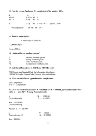 3
15. Find the excess -3 code and 9’s complement of the number 403 10
4 0 3
0 1 0 0 0 0 0 0 0 0 1 1
0 0 1 1 0 0 1 1 0 0 1 1 +
0 1 1 1 0 0 1 1 0 1 1 0 ----- excess 3 code
9’s complement --- 1 0 0 0 1 1 0 0 1 0 0 1
16. What is meant by bit?
A binary digit is called bit
17. Define byte?
Group of 8 bits.
18. List the different number systems?
i) Decimal Number system
ii) Binary Number system
iii) Octal Number system
iv) Hexadecimal Number system
19. State the abbreviations of ASCII and EBCDIC code?
ASCII-American Standard Code for Information Interchange
EBCDIC-Extended Binary Coded Decimal Information Code.
20. What are the different types of number complements?
i) r’
s Complement
ii) (r-1)’
s Complement.
21. Given the two binary numbers X = 1010100 and Y = 1000011, perform the subtraction
(a) X -Y and (b) Y - X using 2's complements.
a) X = 1010100
2's complement of Y = 0111101
Sum = 10010001
Discard end carry
Answer: X - Y = 0010001
b) Y = 1000011
2's complement of X = + 0101100
Sum = 1101111
 