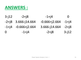ANSWERS :
3-j12 -2+j8 -1+j4 0
-2+j8 3.666-j14.664 -0.666+j2.664 -1+j4
-1+j4 -0.666+j2.664 3.666-j14.664 -2+j8
0 -1+j4 -2+j8 3-j12
Power System Analysis / Unit - I 31
 