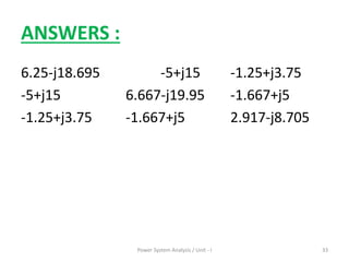ANSWERS :
6.25-j18.695 -5+j15 -1.25+j3.75
-5+j15 6.667-j19.95 -1.667+j5
-1.25+j3.75 -1.667+j5 2.917-j8.705
Power System Analysis / Unit - I 33
 