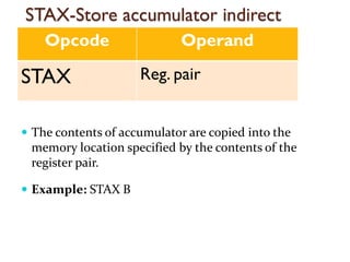 STAX-Store accumulator indirect
Opcode Operand
STAX Reg. pair
 The contents of accumulator are copied into the
memory location specified by the contents of the
register pair.
 Example: STAX B
 