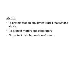 Merits:
• To protect station equipment rated 400 KV and
above.
• To protect motors and generators
• To protect distribution transformer.
 