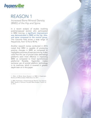 4
WHOLE BODY VIBRATION
REASON 1
In a recent analysis of studies involving
postmenopausal women who participated
in WBV training, a significant improvement
was demonstrated in BMD at the hip, tibia,
and spine compared to the control group.
This outcome held across a wide range of
frequencies, from 12 Hz to 90 Hz. 1
Another research review conducted in 2016
noted that WBV is capable of producing
positive changes in BMD as compared to
negligible outcomes of exercise training. It also
cited that the use of pivotal (side alternating)
platforms were more effective in improving
BMD as compared to lineal (synchronous)
platforms).2
Notably, Hypervibe makes
exclusive use of pivotal platform technology
in its machines, which is covered in greater
depth later on in this paper.
Increased Bone Mineral Density
(BMD) of the Hip and Spine
1. Effect of Whole Body Vibration on BMD: A Systematic
Review and Meta-analysis, Slatkovska et al, 2017.
2. WBV Treatments in Postmenopausal Women Can Improve
BMD: Results of Stimulus Focused Meta-Analysis, Frantini et
al, 2016.
 