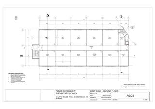 UP
DNDNDN
1 2 3 4 5 6
G
H
J
20300
11600
8700
7
9000 9000 9000 9000 9000 6000
51000
75.78 m²
PRIMARY
121
74.97 m²
PRIMARY
2
74.97 m²
PRIMARY
3
74.97 m²
PRIMARY
4
74.97 m²
PRIMARY
5
75.82 m²
PRIMARY
6
75.02 m²
PRIMARY
7
75.02 m²
PRIMARY
8
75.02 m²
SPECIAL
EDUCATION
9
75.02 m²
PRIMARY
10
2895
46.74 m²
RESOURCE
ROOM
14
7'
25.13 m²
ACADEMIC
18
9000 9000 9000 9000 9000
51000
3
A402
6'
3350 2650
4
A402
TYP
8810
CORRIDOR
103
5
A402
TYP
8510
NORTH
SUSTAINABLE DESIGN STRATEGIES
1. USE OF HIGH PERFORMANCE WINDOWS,
THERMALLY BROKEN ALUMINUM FRAMES
AND LOW E-COATING GLASS.
2. HIGH AN LOW OPERABLE WINDOWS FOR
PASSIVE NATURAL VENTILATION.
3. CLERESTORY WINDOWS ADMINT
DAYLIGHTING TO PROVIDE AN 5%
AVERAGE IN ALL GYMNASIUM.
4. DAYLIGHTING SENSORS AND SEPARATE
SWITCHES FOR LIGHTING FIXTURES NEAR
WINDOWS.
9.38 m²
BOILER+ELEV
MACH.
(BASEMENT)
125
-
---
SCALECHECKED BY
DATE
PROJECT Nº
DRAWN BY
3/9/20163:11:23PM
1 : 100
WEST WING - GROUND FLOOR
CDELEMENTARY SCHOOL
"SIMON RODRIGUEZ"
MARCH 29TH,2016
PATRICK KUSMIDER
A203CARLOS RADIC BIAZIK50 UPPER ROUGE TRAIL, SCARBOROUGH, ON
M1B 6K4
1 : 100
GROUNND FLOOR WEST WING
1
 