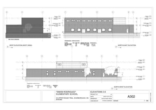 GROUND FLOOR
T.O. SLAB
0
SECOND FLOOR
T.O. SLAB
4000
FOOTINGS
B.O. FOUND W.
-1500
BCDEF
ROOF T.O.
SLAB/DECK
8000
PARAPET
ROOF
8500
PARAPET 2ND
FLOOR
4500
A
?? ??
800
500350050040001500
8500
3180
OPENINGS/WALL SURFACE RATIOS:
FLOOR:
GROUND FLOOR:
SECOND FLOOR
TOTAL:
WALL AREA (M2):
156
138
294
OPENING AREA (M2):
6WX3+2DX4.1X=26.20
9X1.15=10.35
.=36.55
WIND/WALL
RATIO:
12.50%
?? ??
GROUND FLOOR
T.O. SLAB
0
SECOND FLOOR
T.O. SLAB
4000
FOOTINGS
B.O. FOUND W.
-1500
910121314
ROOF T.O.
SLAB/DECK
8000
8
PARAPET
ROOF
8500
PARAPET 2ND
FLOOR
4500
?? ??
1005
2300
500350050040001500
OPENINGS/WALL SURFACE RATIOS:
FLOOR:
GROUND FLOOR:
SECOND FLOOR
TOTAL:
WALL AREA (M2):
206
61
267
OPENING AREA (M2):
4.5WX1.15+1X3.00= 8.23
4X1.15= 2.30
.=10.53
WIND/WALL
RATIO:
5%
?? ??
11
SECOND FLOOR
T.O. SLAB
4000
FOOTINGS
B.O. FOUND W.
-1500
G H J
ROOF T.O.
SLAB/DECK
8000
PARAPET
ROOF
8500
PARAPET 2ND
FLOOR
4500
BASEMENT
T.O. SLAB
-2200
2409
500350050040001500700
85002200
WEST SIDE NO WINDOWS
SCALECHECKED BY
DATE
PROJECT Nº
DRAWN BY
3/9/20163:11:23PM
1 : 100
ELEVATIONS 3-5
CDELEMENTARY SCHOOL
"SIMON RODRIGUEZ"
MARCH 29TH,2016
PATRICK KUSMIDER
A302CARLOS RADIC BIAZIK50 UPPER ROUGE TRAIL, SCARBOROUGH, ON
M1B 6K4
1 : 100
NORTH-EAST ELEVATION
4
1 : 100
NORTH-WEST ELEVATION
5
1 : 100
WEST ELEVATION (WEST WING)
3
 