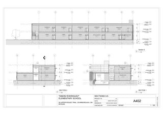 GROUND FLOOR
T.O. SLAB
0
SECOND FLOOR
T.O. SLAB
4000
FOOTINGS
B.O. FOUND W.
-1500
G H J
ROOF T.O.
SLAB/DECK
8000
PARAPET
ROOF
8500
PARAPET 2ND
FLOOR
4500
3
A402
BASEMENT
T.O. SLAB
-2200
500350050040001500700
85002200
36353625
INTERMEDIATE
37
PRIMARY
6
PRIMARY
121
CORRIDOR
103
CORRIDOR
103
1
A501
150
GROUND FLOOR
T.O. SLAB
0
SECOND FLOOR
T.O. SLAB
4000
FOOTINGS
B.O. FOUND W.
-1500
G H J
ROOF T.O.
SLAB/DECK
8000
PARAPET
ROOF
8500
PARAPET 2ND
FLOOR
4500
????
BASEMENT
T.O. SLAB
-2200
500350050040001500700
85002200
36353625415
SCIENCE ROOM
205
RESOURCE ROOM
14
BOILER + ELEV MACH
78
ACADEMIC
18
????
2
A501
3690
310
4
A501
GROUND FLOOR
T.O. SLAB
0
SECOND FLOOR
T.O. SLAB
4000
FOOTINGS
B.O. FOUND W.
-1500
1 2 3 4 5 6 7
ROOF T.O.
SLAB/DECK
8000
PARAPET
ROOF
8500
PARAPET 2ND
FLOOR
4500
? ?? ?
BASEMENT
T.O. SLAB
-2200
500350050040001500700
85002200
PRIMARY
6
INTERMEDIATE
37
INTERMEDIATE
38
PRIMARY
7
INTERMEDIATE
39
PRIMARY
8
INTERMEDIATE
40
SPECIAL EDUCATION
9
SCIENCE ROOM
205
PRIMARY
10
RESOURCE ROOM
14
? ?? ?
SCALECHECKED BY
DATE
PROJECT Nº
DRAWN BY
3/9/20163:11:23PM
1 : 100
SECTIONS 3-5
CDELEMENTARY SCHOOL
"SIMON RODRIGUEZ"
MARCH 29TH,2016
PATRICK KUSMIDER
A402CARLOS RADIC BIAZIK50 UPPER ROUGE TRAIL, SCARBOROUGH, ON
M1B 6K4
1 : 100
SECTION 2
4 1 : 100
SECTION 1
5
1 : 100
Section 5
3
 