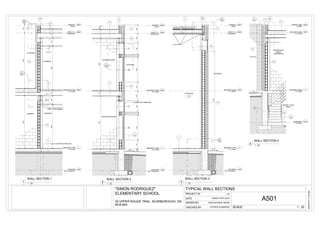 GROUND FLOOR
T.O. SLAB
0
SECOND FLOOR
T.O. SLAB
4000
FOOTINGS
B.O. FOUND W.
-1500
H
ROOF T.O.
SLAB/DECK
8000
PARAPET
ROOF
8500
EXTERIOR
1
A603
2
A607
CELLING
W5
P3
PRIMARY
CORRIDOR
CORRIDOR
3000
600 R2
F2
F1
3000583533
SPRAY FIREPROOFING ON
STRUCT. STEEL MEMBERS
50mm CONTINOUS RIGID INS
627415
W3
38385123635
DUCTS
6
A601
7
A601
GROUND FLOOR
T.O. SLAB
0
SECOND FLOOR
T.O. SLAB
4000
FOOTINGS
B.O. FOUND W.
-1500
J
ROOF T.O.
SLAB/DECK
8000
PARAPET
ROOF
8500
R2
F2
F1
3.3%
EXTERIOR
RESOURCE ROOM
SCIENCE ROOM
W2
15061517007806706151700780670600
80
15
80
15
CLERESTORY WINDOWS
P1
W2
22362735854153635
2
A602
1
A602
-
---
GROUND FLOOR
T.O. SLAB
0
SECOND FLOOR
T.O. SLAB
4000
FOOTINGS
B.O. FOUND W.
-1500
12
ROOF T.O.
SLAB/DECK
8000
PARAPET
ROOF
8500
? ?? ?
? ?? ?
3
A603
1
A607
GYMNASIUM
102
R1
F1
3.3%
W1
P1
EXTERIOR
15
6710
406
3
A601
5
A601
GROUND FLOOR
T.O. SLAB
0
SECOND FLOOR
T.O. SLAB
4000
G
PARAPET 2ND
FLOOR
4500
????
BASEMENT
T.O. SLAB
-2200
????
W2
P1
FD1
FD1
1.9%
BOILER+ELEV
MACH.
(BASEMENT)
BOILER + ELEV
MACH
EXTERIOR
R3
1
A604
W2
2
A604
SCALECHECKED BY
DATE
PROJECT Nº
DRAWN BY
3/9/20163:11:23PM
1 : 25
TYPICAL WALL SECTIONS
CDELEMENTARY SCHOOL
"SIMON RODRIGUEZ"
MARCH 29TH,2016
PATRICK KUSMIDER
A501CARLOS RADIC BIAZIK50 UPPER ROUGE TRAIL, SCARBOROUGH, ON
M1B 6K4
1 : 25
WALL SECTION 1
1
1 : 25
WALL SECTION 2
2 1 : 25
WALL SECTION 3
3
1 : 25
WALL SECTION 4
4
 