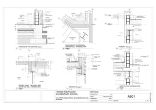 4
5
6
F
11
49 344
393
12961190
ENTRANCE
101
EXTERIOR
GYMNASIUM
102
190mm CMU190mm CMU
?
?
25mm AIR SPACE
W4
145
WRB
398
90mm CLAY BRICK
5mm DOUBLE PANEL GLASS
AND LOW-E COATING
STOREFRONT JAMB AT FINISH -
DOUBLE GLAZED
W1
W5
W2
443
61179203
97
METAL FLASHING
SILICONE CAULKINGSILICONE CAULKING
GROUND FLOOR
T.O. SLAB
0
FOOTINGS
B.O. FOUND W.
-1500
T.O. Footing
-1800
12
150
3.3%
901
61 179 203
456
GYMNASIUM
EXTERIOR
90mm CLAY BRICK
25mm AIR SPACE
75mm RIGID INSULATION
WRB
240mm CMU1005020015
RUBBER/VYNIL
COVER
BASE
TERRAZO FLOORING
CONCRETE
75mm RIGID INSULATION
EXPANSION JOINT FILLER
METAL FLASHING
BRICK VENT @ 600 mm
CEMENT SETTING BED
50mm (2")RIGID INSULATION
DAMPPROOFING
G
9
6'
BOILER+ELEV MACH.
(BASEMENT)
125
393
EXTERIOR W2
W2
W5
393
145.00°
90mm CLAY BRICK
25mm AIR SPACE
190mm CMU
190
203
203 190
CORRIDOR
FOUNDATION BELOW
12
ROOF T.O.
SLAB/DECK
8000
PARAPET
ROOF
8500
CRUSHED STONE/GRAVEL
EPDM ROOF MEMBRANE
BITUMEN ROOF CAP
PROTECTOR BOARD
75mm RIGID INSULATION
38mm STEEL DECK
PRECAST CONCRETE CAP
90mm CLAY BRICK
25mm AIR SPACE
WRB
41 179 215
435
600
204
150mm (6") METAL STUD FRAMING
H
ROOF T.O.
SLAB/DECK
8000
PARAPET
ROOF
8500
SQUARE EDGE (3/4 X 12 X 18)
DUCTS
CORRIDOR
EXTERIOR
600
223
ALUMINUM PANEL
25mm AIR SPACE
75mm RIGID INSULATION
BITUMEN ROOF CAP
EPDM ROOF MEMBRANE
BONDED GLASS FIBER BOARDWRB
HOLLOW-CORE CONCRETE
SLAB
190mm CMU
127 187 34
347
SECOND FLOOR
T.O. SLAB
4000
H
PARAPET 2ND
FLOOR
4500
DUCTS
127 187
314
162350
512
65350
415
ALUMINUM PANEL
75mm RIGID INSULATION
190mm CMU
25mm AIR SPACE
COVE TRIM
TERRAZO FLOORING
PRECAST CONCRETE CAP
HOLLOW-CORE CONCRETE
SLAB
HOLLOW-CORE CONCRETE
SLAB
EPDM ROOF MEMBRANE
BONDED GLASS FIBER BOARD
75mm RIGID INSULATION
WRB
635
12mm GYP BD
BULK HEAD
SPRAY FIREPROOFING ON
STRUCT. STEEL MEMBERS
67
414
SQUARE EDGE (3/4 X 12 X 18)
SCALECHECKED BY
DATE
PROJECT Nº
DRAWN BY
3/9/20163:11:23PM
1 : 10
DETAILS
CDELEMENTARY SCHOOL
"SIMON RODRIGUEZ"
MARCH 29TH,2016
Checker
A601Author50 UPPER ROUGE TRAIL, SCARBOROUGH, ON
M1B 6K4
1 : 10
DOUBLE HIGHT CMU WALL AND
COURTAIN WALL ITERSECTION
Copy 12
1 : 10
GYMNASIUM FOUNDATION Copy 1
3 1 : 10
NORTH-WEST EXTERIOR/IN-
TERIOR WALL INTERSECTION
Copy 14
1 : 10
PARAPET 2 Copy 1
5
1 : 10
PARAPET 3 Copy 1
6
1 : 10
ROOF/FLOOR INTERSECTION
Copy 1
7
 