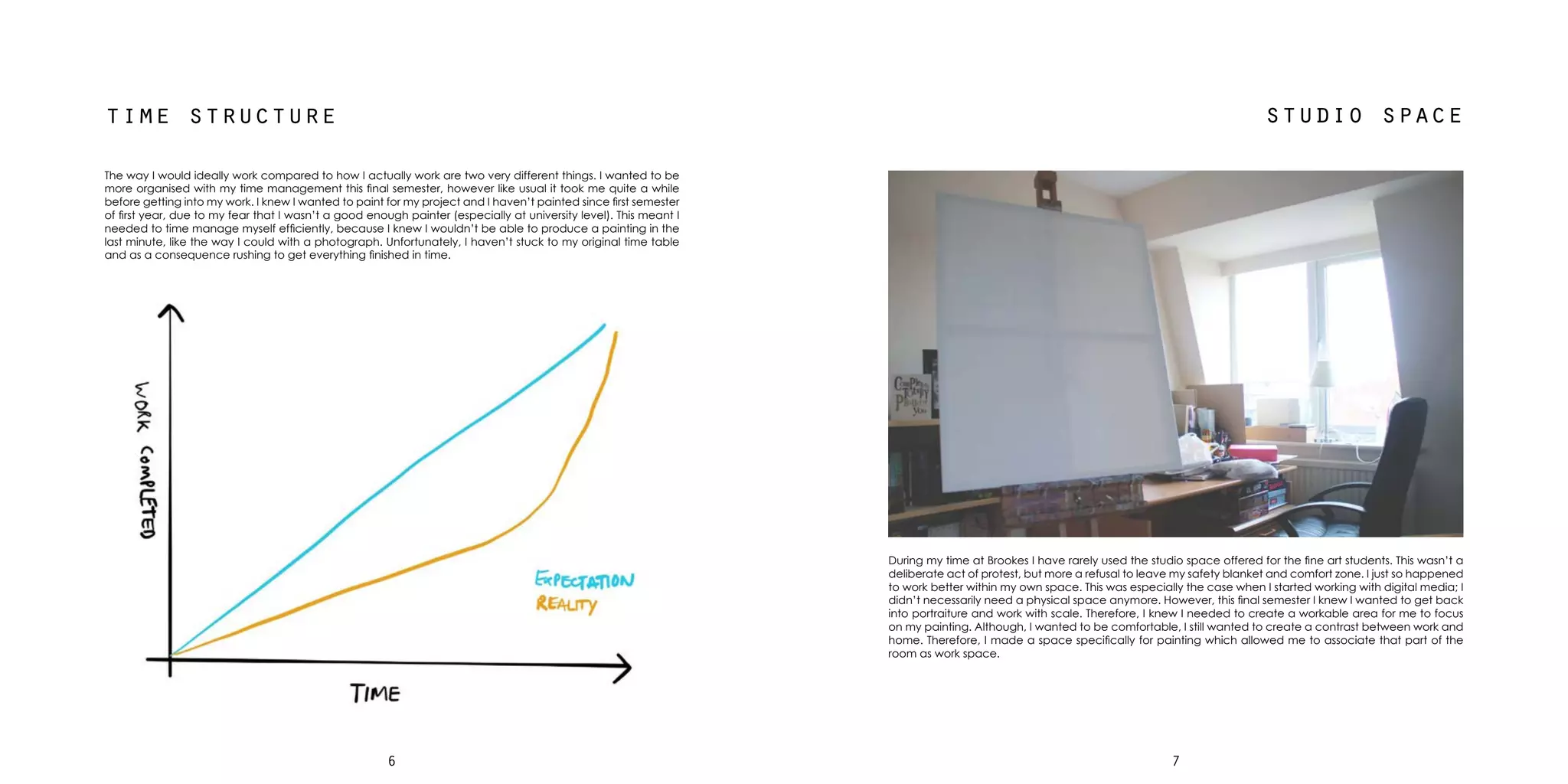 76
time structure studio space
During my time at Brookes I have rarely used the studio space offered for the fine art students. This wasn’t a
deliberate act of protest, but more a refusal to leave my safety blanket and comfort zone. I just so happened
to work better within my own space. This was especially the case when I started working with digital media; I
didn’t necessarily need a physical space anymore. However, this final semester I knew I wanted to get back
into portraiture and work with scale. Therefore, I knew I needed to create a workable area for me to focus
on my painting. Although, I wanted to be comfortable, I still wanted to create a contrast between work and
home. Therefore, I made a space specifically for painting which allowed me to associate that part of the
room as work space.
The way I would ideally work compared to how I actually work are two very different things. I wanted to be
more organised with my time management this final semester, however like usual it took me quite a while
before getting into my work. I knew I wanted to paint for my project and I haven’t painted since first semester
of first year, due to my fear that I wasn’t a good enough painter (especially at university level). This meant I
needed to time manage myself efficiently, because I knew I wouldn’t be able to produce a painting in the
last minute, like the way I could with a photograph. Unfortunately, I haven’t stuck to my original time table
and as a consequence rushing to get everything finished in time.
 