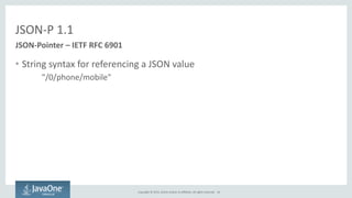 Copyright	
  ©	
  2015,	
  Oracle	
  and/or	
  its	
  affiliates.	
  All	
  rights	
  reserved.	
  
JSON-­‐P	
  1.1
• Stri...