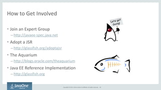 Copyright	
  ©	
  2015,	
  Oracle	
  and/or	
  its	
  affiliates.	
  All	
  rights	
  reserved.	
  
How	
  to	
  Get	
  Involved
• Join	
  an	
  Expert	
  Group	
  
– http://javaee-­‐spec.java.net	
  
• Adopt	
  a	
  JSR	
  
– http://glassfish.org/adoptajsr	
  
• The	
  Aquarium	
  
– http://blogs.oracle.com/theaquarium	
  
• Java	
  EE	
  Reference	
  Implementation	
  
– http://glassfish.org
69
 