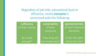 Regardless of job title, educational level or
affluence, nearly everyone is
concerned with the following:
sufficiency
of their money
Do I have
enough?
sustainability
of their
resources
How long will
my money last?
appropriateness
of their financial
decisions
Is this the right
choice for me?
 