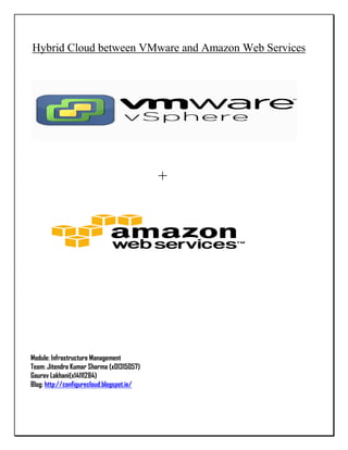 Hybrid Cloud between VMware and Amazon Web Services
+
Module: Infrastructure Management
Team: Jitendra Kumar Sharma (x01315057)
Gaurav Lakhani(x14111284)
Blog: http://configurecloud.blogspot.ie/
 
