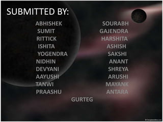 SUBMITTED BY:
      ABHISHEK              SOURABH
       SUMIT               GAJENDRA
      RITTICK              HARSHITA
       ISHITA                ASHISH
       YOGENDRA               SAKSHI
      NIDHIN                  ANANT
      DEVYANI                 SHREYA
      AAYUSHI                 ARUSHI
      TANWI                  MAYANK
      PRAASHU                ANTARA
                  GURTEG
 