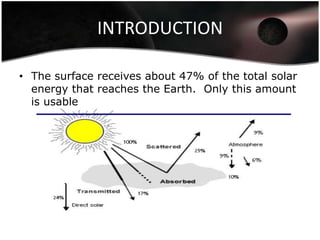 INTRODUCTION

• The surface receives about 47% of the total solar
  energy that reaches the Earth. Only this amount
  is usable
 