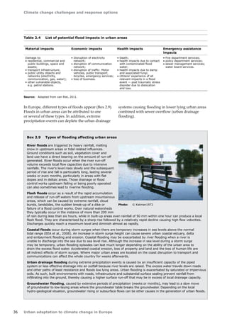 Climate change challenges and response options 
36 Urban adaptation to climate change in Europe 
In Europe, different types of floods appear (Box 2.9). 
Floods in urban areas can be attributed to one 
or several of these types. In addition, extreme 
precipitation events can deplete the urban drainage 
Table 2.4 List of potential flood impacts in urban areas 
Material impacts Economic impacts Health impacts Emergency assistance 
impacts 
Damage to: 
• residential, commercial and 
public buildings, space and 
assets; 
• transport infrastructure; 
• public utility objects and 
networks (electricity, 
communication, gas, water); 
• other vulnerable objects, 
e.g. petrol stations. 
• Disruption of electricity 
network; 
• disruption of communication 
network; 
• disruption of traffic: Motor 
vehicles, public transport, 
bicycles, emergency services; 
• loss of business. 
• Death; 
• health impacts due to contact 
with contaminated flood 
water; 
• health impacts due to damp 
and associated fungi; 
• citizens' experience of all 
relevant impacts in a flood 
event — post traumatic stress 
disorder due to dislocation 
and loss. 
• Fire department services; 
• policy department services; 
• sewer management services; 
water board services. 
Source: Adapted from van Riel, 2011. 
Box 2.9 Types of flooding affecting urban areas 
River floods are triggered by heavy rainfall, melting 
snow in upstream areas or tidal related influences. 
Ground conditions such as soil, vegetation cover and 
land use have a direct bearing on the amount of run‑off 
generated. River floods occur when the river run-off 
volume exceeds local flow capacities due to intensive 
rainfalls. The river's level rises slowly and the subsequent 
period of rise and fall is particularly long, lasting several 
weeks or even months, particularly in areas with flat 
slopes and in deltaic areas. Those drainage or flood 
control works upstream failing or being poorly operated 
can also sometimes lead to riverine flooding. 
Flash floods occur as a result of the rapid accumulation 
and release of run-off waters from upstream mountainous 
areas, which can be caused by extreme rainfall, cloud 
bursts, landslides, the sudden break-up of a dike or 
failure of a flood control works. Over natural watersheds 
they typically occur in the instance of more than 200 mm 
of rain during less than six hours, while in built-up areas even rainfall of 50 mm within one hour can produce a local 
flash flood. They are characterised by a sharp rise followed by a relatively rapid decline causing high flow velocities. 
Discharges quickly reach a maximum level and diminish almost as rapidly. 
Coastal floods occur during storm surges when there are temporary increases in sea levels above the normal 
tidal range (EEA et al., 2008). An increase in storm surge height can cause severe urban coastal estuary, delta 
and embayment flooding and erosion. Coastal flooding may be exacerbated by river flooding when a river is 
unable to discharge into the sea due to sea level rise. Although the increase in sea level during a storm surge 
may be temporary, urban flooding episodes can last much longer depending on the ability of the urban area to 
drain the excess flood water. Accelerated coastal erosion, loss of property and land and the loss of human life are 
all indirect effects of storm surges. Where major urban areas are located on the coast disruption to transport and 
communications can affect the whole country for weeks afterwards. 
Urban drainage flooding during extreme precipitation events is caused by an insufficient capacity of the piped 
system or less effective drainage into an outfall because river levels are raised. The excess water travels down roads 
and other paths of least resistance and floods low lying areas. Urban flooding is exacerbated by saturated or impervious 
soils. As such, built environments with roads, infrastructure and substantial surface sealing prevent rainfall from 
infiltrating into the ground, thereby causing a higher surface run-off that may be in excess of local drainage capacity. 
Groundwater flooding, caused by extensive periods of precipitation (weeks or months), may lead to a slow move 
of groundwater to low-laying areas where the groundwater table breaks the groundwater. Depending on the local 
hydro‑geological situation, groundwater rising or subsurface flows can be other causes in the generation of urban floods. 
systems causing flooding in lower lying urban areas 
combined with sewer overflow (urban drainage 
flooding). 
Photo: © Katman1972 
 