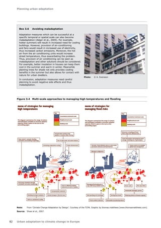 Planning urban adaptation 
82 Urban adaptation to climate change in Europe 
Figure 3.4 Multi-scale approaches to managing high temperatures and flooding 
Note: From 'Climate Change Adaptation by Design'. Courtesy of the TCPA. Graphic by thomas.matthews (www.thomasmatthews.com). 
Source: Shaw et al., 2007. 
Box 3.6 Avoiding maladaptation 
Adaptation measures which can be successful at a 
specific temporal or spatial scale can also become 
maladaptation (Adger et al., 2005). For example, 
hotter summers will result in increased need for cooling 
buildings. However, provision of air-conditioning 
and fans would result in increased use of electricity, 
thus increased carbon emissions. Moreover, the hot 
air from the air conditioning units would increase 
street temperature, thus exacerbating the problem. 
Thus, provision of air conditioning can be seen as 
maladaptation and other solutions should be considered. 
For example, better insulation in houses can keep them 
cool in the summer and warm in winter. Meanwhile 
planting trees for shade not only provides cooling 
benefits in the summer but also allows for contact with 
nature for urban dwellers. 
In conclusion, adaptation measures need careful 
planning to avoid negative side effects and thus 
maladaptation. 
Photo: © A. Svensson 
 