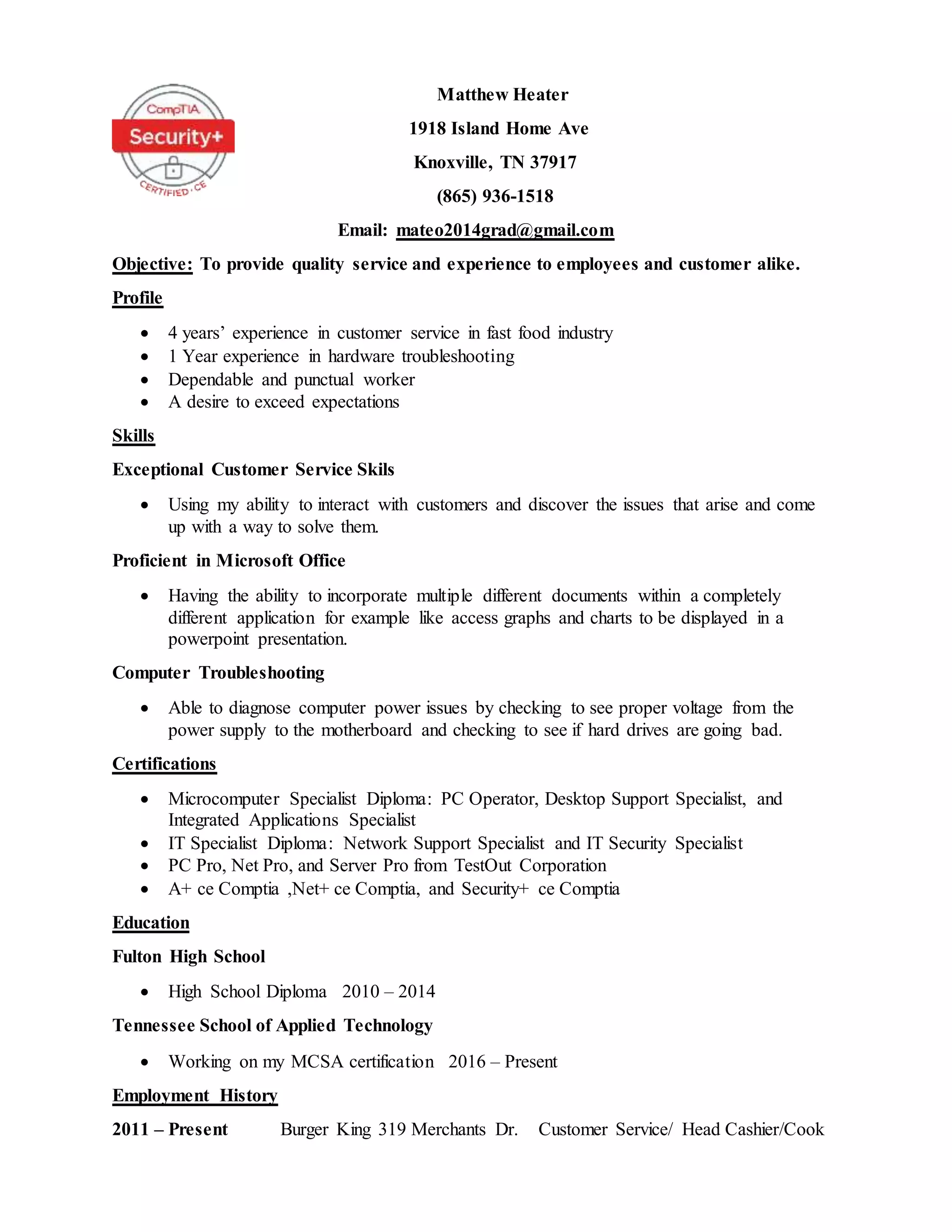 Matthew Heater Helpdesk Resume - Matthew Heater Helpdesk Resume 1 2048 
