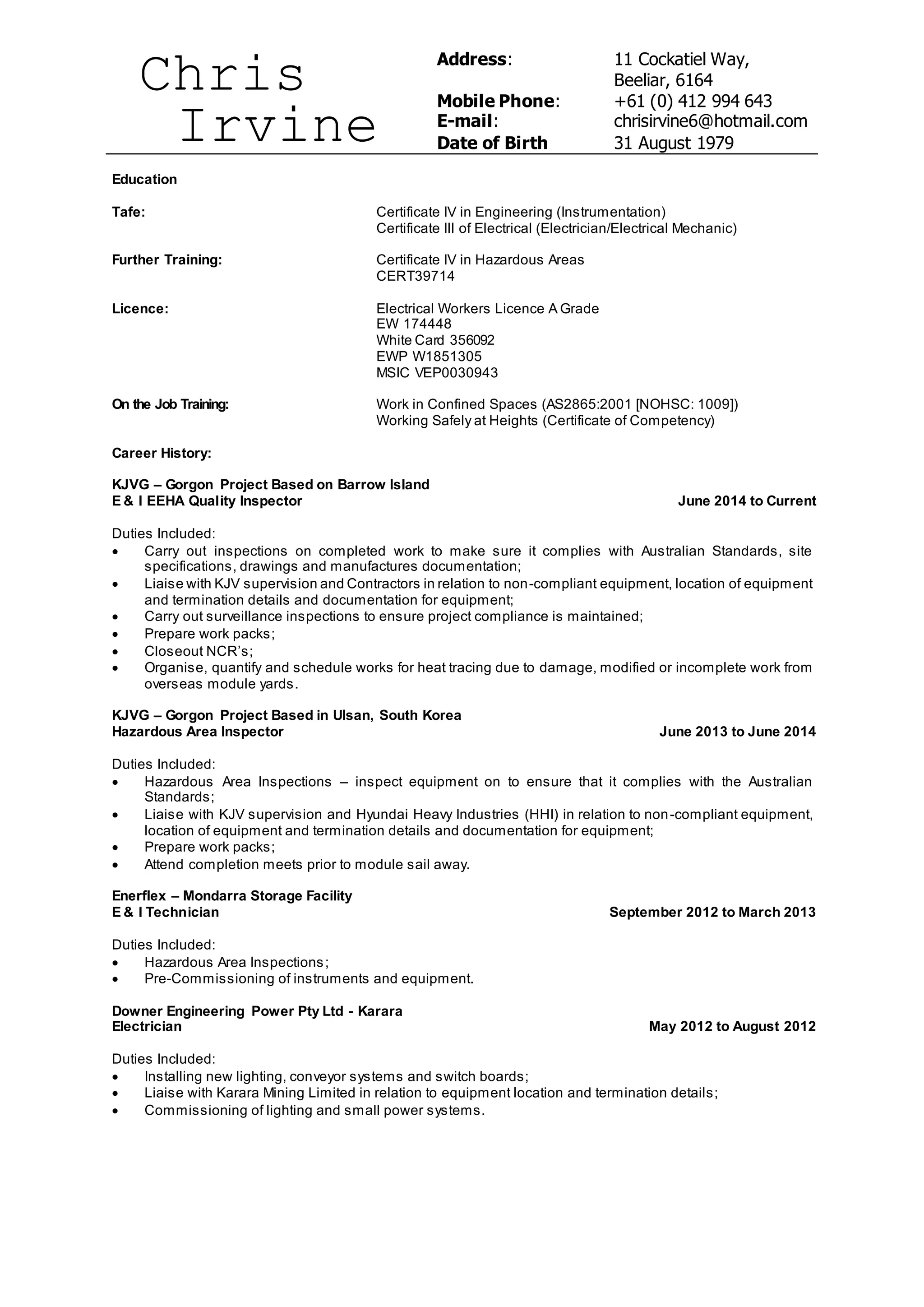 Chris Irvine Resume 27 09 2013 - Chris Irvine Resume 27 09 2013 1 2048 