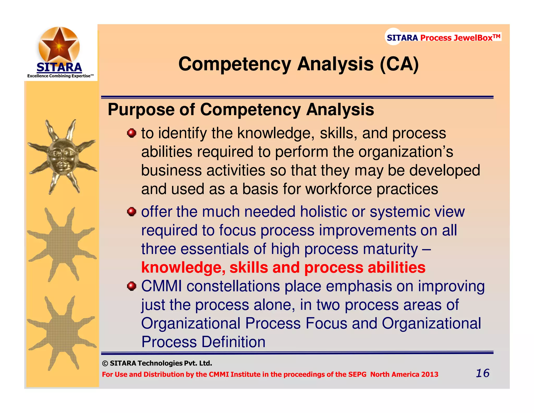 © SITARA Technologies Pvt. Ltd.
For Use and Distribution by the CMMI Institute in the proceedings of the SEPG North America 2013 16161616
SITARA Process JewelBoxTM
Competency Analysis (CA)
Purpose of Competency Analysis
to identify the knowledge, skills, and process
abilities required to perform the organization’s
business activities so that they may be developed
and used as a basis for workforce practices
offer the much needed holistic or systemic view
required to focus process improvements on all
three essentials of high process maturity –
knowledge, skills and process abilities
CMMI constellations place emphasis on improving
just the process alone, in two process areas of
Organizational Process Focus and Organizational
Process Definition
 