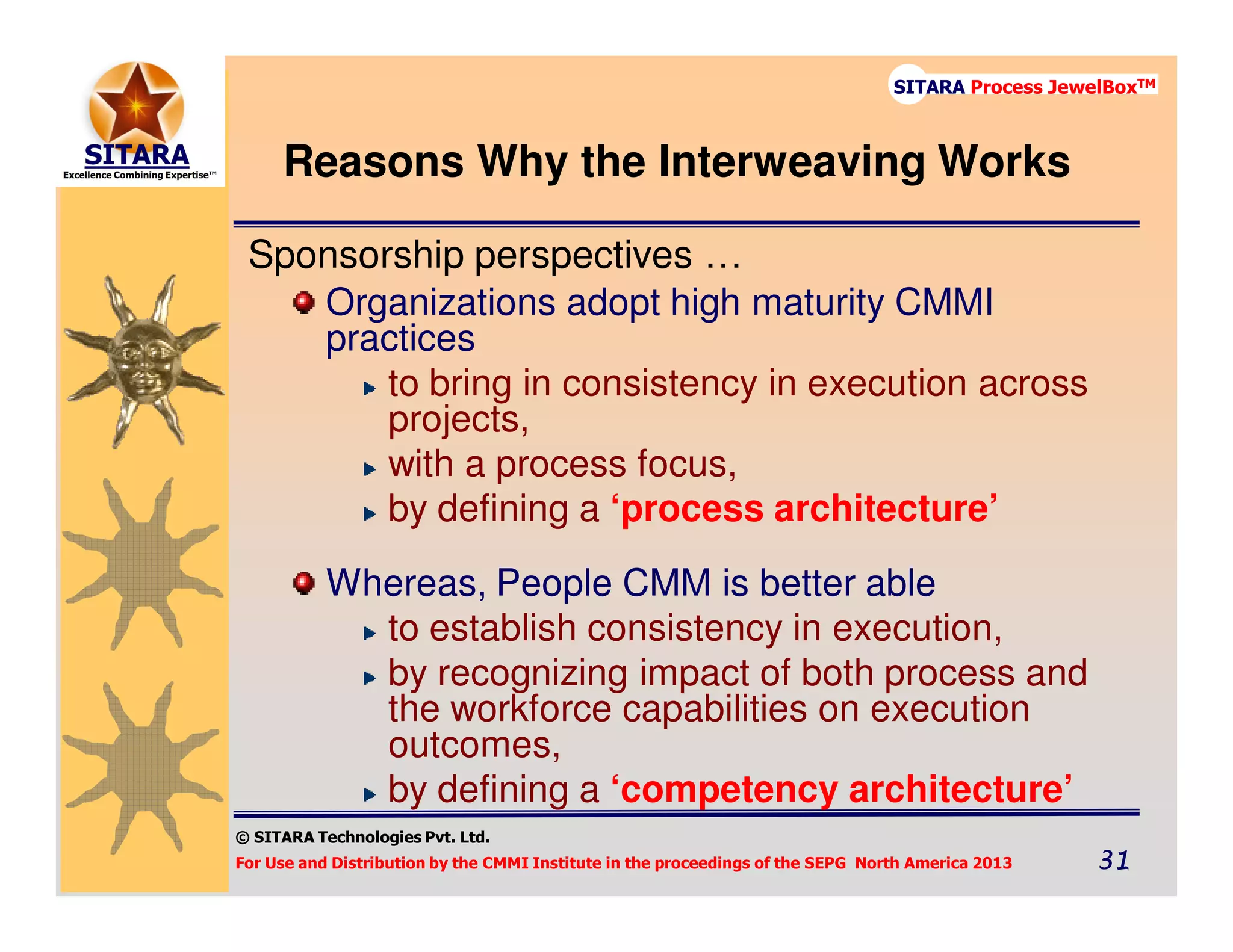 © SITARA Technologies Pvt. Ltd.
For Use and Distribution by the CMMI Institute in the proceedings of the SEPG North America 2013 31313131
SITARA Process JewelBoxTM
Sponsorship perspectives …
Organizations adopt high maturity CMMI
practices
to bring in consistency in execution across
projects,
with a process focus,
by defining a ‘process architecture’
Whereas, People CMM is better able
to establish consistency in execution,
by recognizing impact of both process and
the workforce capabilities on execution
outcomes,
by defining a ‘competency architecture’
Reasons Why the Interweaving Works
 