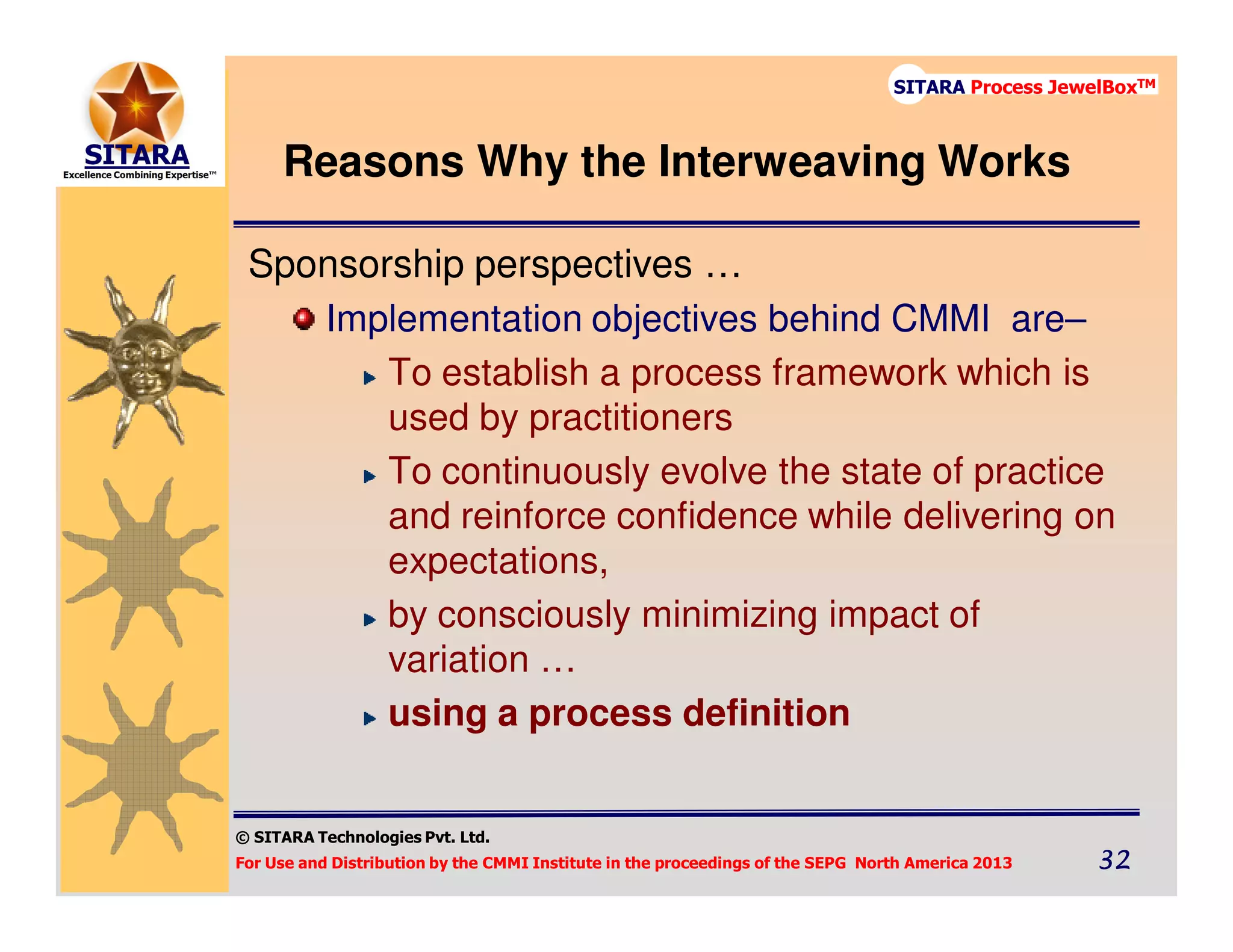 © SITARA Technologies Pvt. Ltd.
For Use and Distribution by the CMMI Institute in the proceedings of the SEPG North America 2013 32323232
SITARA Process JewelBoxTM
Sponsorship perspectives …
Implementation objectives behind CMMI are–
To establish a process framework which is
used by practitioners
To continuously evolve the state of practice
and reinforce confidence while delivering on
expectations,
by consciously minimizing impact of
variation …
using a process definition
Reasons Why the Interweaving Works
 