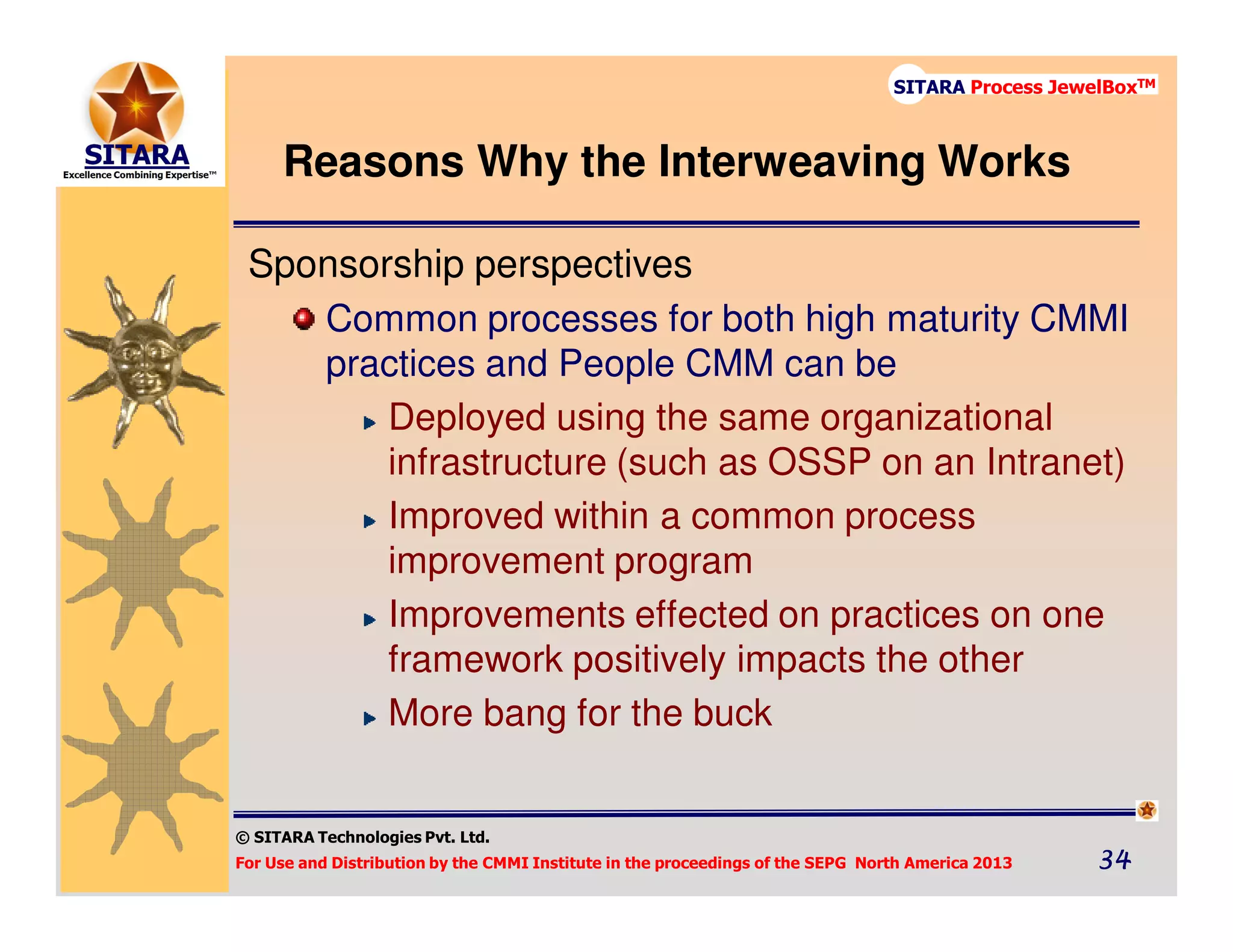 © SITARA Technologies Pvt. Ltd.
For Use and Distribution by the CMMI Institute in the proceedings of the SEPG North America 2013 34343434
SITARA Process JewelBoxTM
Sponsorship perspectives
Common processes for both high maturity CMMI
practices and People CMM can be
Deployed using the same organizational
infrastructure (such as OSSP on an Intranet)
Improved within a common process
improvement program
Improvements effected on practices on one
framework positively impacts the other
More bang for the buck
Reasons Why the Interweaving Works
 