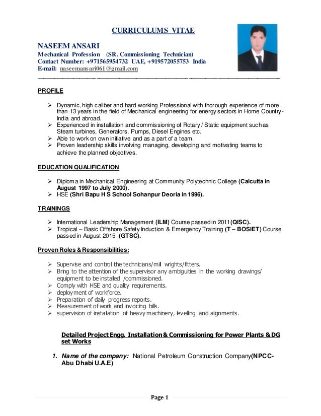 nasheem cv commissioning technician cv mechanical technician