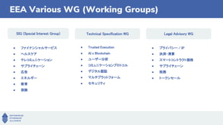 ● ファイナンシャルサービス
● ヘルスケア
● テレコミュニケーション
● サプライチェーン
● 広告
● エネルギー
● 教育
● 保険
● Trusted Execution
● AI x Blockchain
● ユーザー分析
● コミュニケーションプロトコル
● デジタル認証
● マルチプラットフォーム
● セキュリティ
SIG (Special Interest Group) Technical Specification WG
● プライバシー / IP
● 決済・清算
● スマートコントラクト規格
● サプライチェーン
● 税務
● トークンセール
Legal Advisory WG
EEA Various WG (Working Groups)
 