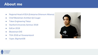 ● Regional Head of EEA (Enterprise Ethereum Alliance)
● Chief Blockchain Architect @ Couger
● Token Engineering Tokyo
● Stanford University Seminar 2018
● EdCon 2018
● Blockchain EXE
● TOA 2018 w/ Oceanprotocol
● Vyper, BigchainDB
About me
 